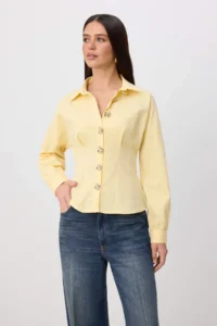 TRENDYOLMİLLA Light Yellow Gold Accessory Cotton Waist Fitting Shirt