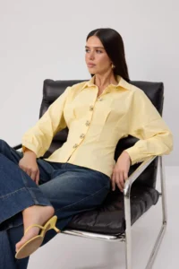 TRENDYOLMİLLA Light Yellow Gold Accessory Cotton Waist Fitting Shirt - Image 2