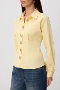 TRENDYOLMİLLA Light Yellow Gold Accessory Cotton Waist Fitting Shirt - Image 3