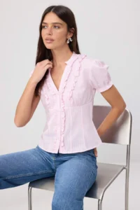 TRENDYOLMİLLA Pink-Multicolored Striped Hafif Waist Fitting Shirt - Image 2