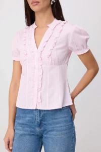 TRENDYOLMİLLA Pink-Multicolored Striped Hafif Waist Fitting Shirt - Image 3
