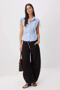 TRENDYOLMİLLA Light Blue Striped Shirred Shirt with Natural Material Content - Image 2