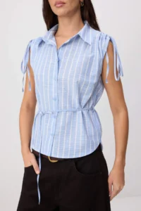 TRENDYOLMİLLA Light Blue Striped Shirred Shirt with Natural Material Content - Image 3