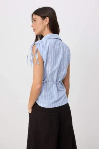 TRENDYOLMİLLA Light Blue Striped Shirred Shirt with Natural Material Content - Image 4