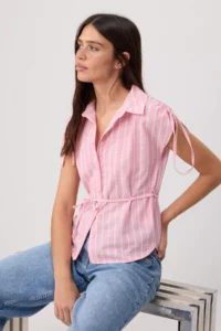 TRENDYOLMİLLA Light Pink Striped Shirred Shirt with Natural Material Content - Image 2