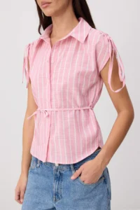 TRENDYOLMİLLA Light Pink Striped Shirred Shirt with Natural Material Content - Image 3