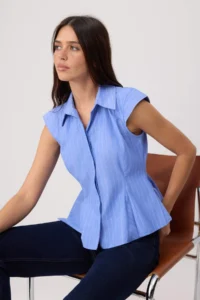 TRENDYOLMİLLA Mavi-Multicolored Striped peplum Detailed Shirt - Image 2
