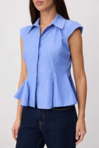TRENDYOLMİLLA Mavi-Multicolored Striped peplum Detailed Shirt - Image 3