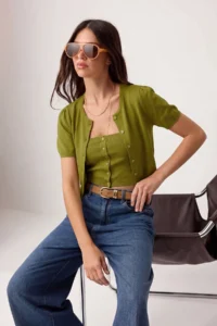 TRENDYOLMİLLA Oil Green Premium Yarn Strapless Blouse- Cardigan Knitwear Set