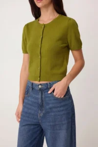 TRENDYOLMİLLA Oil Green Premium Yarn Strapless Blouse- Cardigan Knitwear Set - Image 3