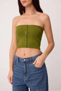 TRENDYOLMİLLA Oil Green Premium Yarn Strapless Blouse- Cardigan Knitwear Set - Image 4