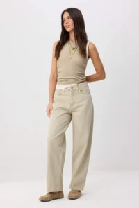 TRENDYOLMİLLA Beige Stitching Detailed High Waist Baggy 100% Cotton jeans - Image 2