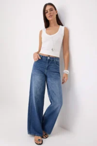 TRENDYOLMİLLA Premium Medium Blue Special Material Draped High Waist 100% Cotton Wide Leg jeans - Image 2