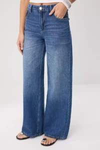 TRENDYOLMİLLA Premium Medium Blue Special Material Draped High Waist 100% Cotton Wide Leg jeans - Image 4