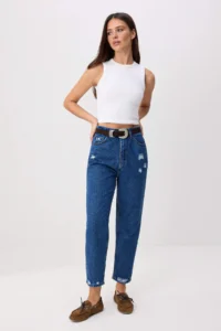 TRENDYOLMİLLA DARK BLUE High Waist 100% Cotton Non-Stretch Mom jeans - Image 2