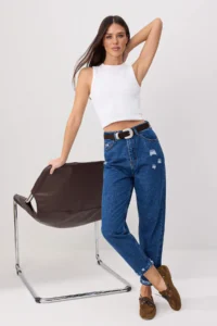 TRENDYOLMİLLA DARK BLUE High Waist 100% Cotton Non-Stretch Mom jeans - Image 3