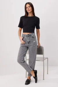 TRENDYOLMİLLA Gray High Waist 100% Cotton Non-Stretch Mom jeans - Image 2