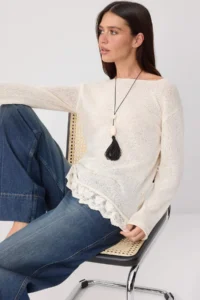TRENDYOLMİLLA Ecru Boat Neck Lace Detailed Knitwear Sweater - Image 2