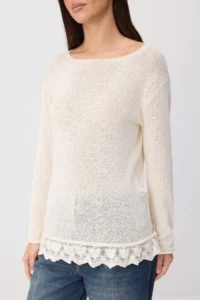 TRENDYOLMİLLA Ecru Boat Neck Lace Detailed Knitwear Sweater - Image 3