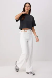 TRENDYOLMİLLA WHITE  Belt Cut Out Detailed Wide Leg/Wide Leg Material  Pants