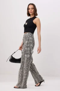 TRENDYOLMİLLA Black-Multicolored Viscose Patterned Cross-Cover Comfortable Cut Pants - Image 2