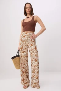 TRENDYOLMİLLA Brown-Multicolored Patterned Viscose Rahat Cut Elastic Waist Wide Leg Pants