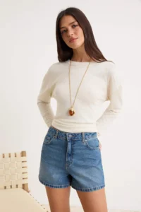 TRENDYOLMİLLA DARK BLUE High Waist 100% Cotton DENIM City Shorts - Image 2