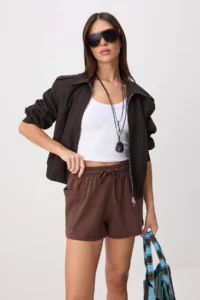 TRENDYOLMİLLA Brown Plain High Waist Pipe Both Short Soft Touch Knitting Shorts & Bermuda - Image 2