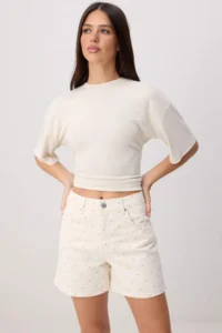 TRENDYOLMİLLA Beige Puantiye Patterned City Size DENIM Shorts - Image 2