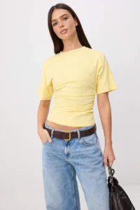 TRENDYOLMİLLA Light Yellow  Fitted Crew Neck Short Shirred Cotton Flexible Knitting T-Shirt - Image 2
