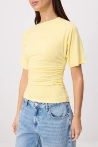 TRENDYOLMİLLA Light Yellow  Fitted Crew Neck Short Shirred Cotton Flexible Knitting T-Shirt - Image 3