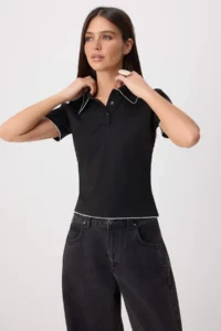 TRENDYOLMİLLA Black Plain Fitted Polo Shirt Collar Standard Sleeve Short LONG Cotton Flexible Knitting T-Shirt