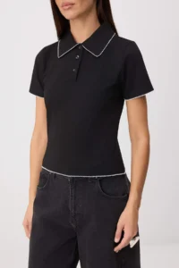 TRENDYOLMİLLA Black Plain Fitted Polo Shirt Collar Standard Sleeve Short LONG Cotton Flexible Knitting T-Shirt - Image 3