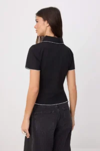 TRENDYOLMİLLA Black Plain Fitted Polo Shirt Collar Standard Sleeve Short LONG Cotton Flexible Knitting T-Shirt - Image 4