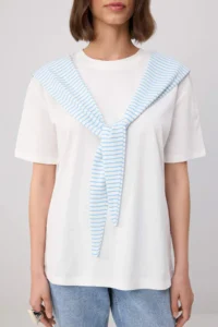 TRENDYOLMİLLA Ecru Oversized/Wide Pattern Short Sleeve Binding Detailed LONG Soft Knitting T-Shirt - Image 3