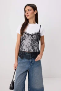 TRENDYOLMİLLA Ecru Plain Regular/Normal Pattern Crew Neck Lace Tank Top Detailed Flexible Knitting T-Shirt