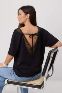 TRENDYOLMİLLA Black Regular/Normal Pattern V-neck Sleeveless Lace Detailed Crepe Knitting T-Shirt