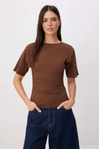 TRENDYOLMİLLA Ecru-Brown 2 Sets Fitted Short Sleeve Flexible Knitting T-Shirt - Image 2