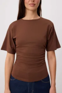 TRENDYOLMİLLA Ecru-Brown 2 Sets Fitted Short Sleeve Flexible Knitting T-Shirt - Image 3
