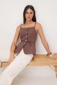 TRENDYOLMİLLA Brown 100% Linen Thin Belted Fitted Vest - Image 2