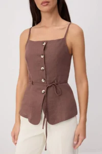 TRENDYOLMİLLA Brown 100% Linen Thin Belted Fitted Vest - Image 3