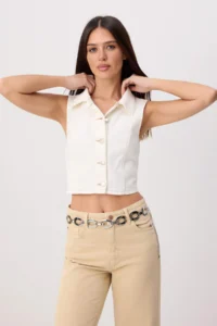 TRENDYOLMİLLA WHITE Shirt Collar Crop DENIM Vest