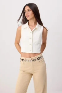 TRENDYOLMİLLA WHITE Shirt Collar Crop DENIM Vest - Image 2