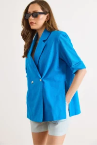 Olalook Women's Saks Blue Padded, Side Slits, Unlined Linen Blazer Jacket CKT- - Image 2
