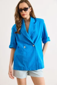 Olalook Women's Saks Blue Padded, Side Slits, Unlined Linen Blazer Jacket CKT- - Image 3