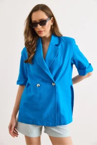 Olalook Women's Saks Blue Padded, Side Slits, Unlined Linen Blazer Jacket CKT- - Image 4