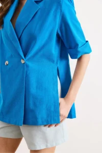 Olalook Women's Saks Blue Padded, Side Slits, Unlined Linen Blazer Jacket CKT- - Image 5