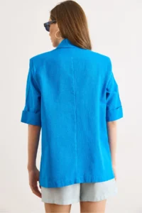 Olalook Women's Saks Blue Padded, Side Slits, Unlined Linen Blazer Jacket CKT- - Image 6