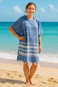 Formeya Cotton Adult Peshtemal Poncho Bathrobe Beach Towel Blue - Image 5