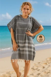 Formeya Cotton Adult Peshtemal Poncho Bathrobe Beach Towel Gray